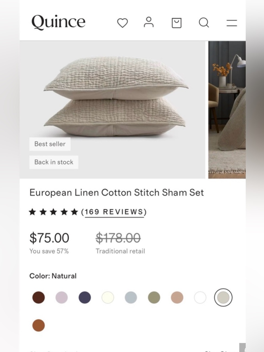 NWT Quince European Linen Cotton Stitch Quilted Sham Set in Natural Set of 2 - Picture 6 of 9